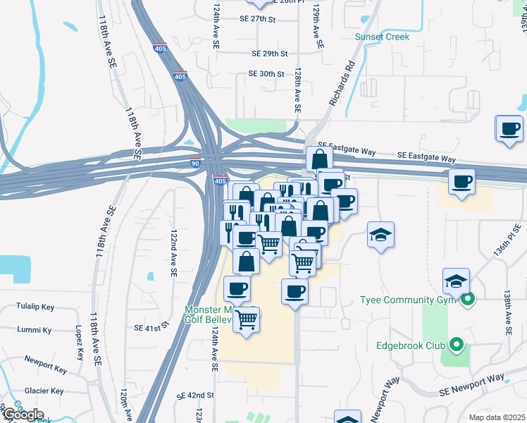 map of restaurants, bars, coffee shops, grocery stores, and more near 3545 Factoria Boulevard Southeast in Bellevue