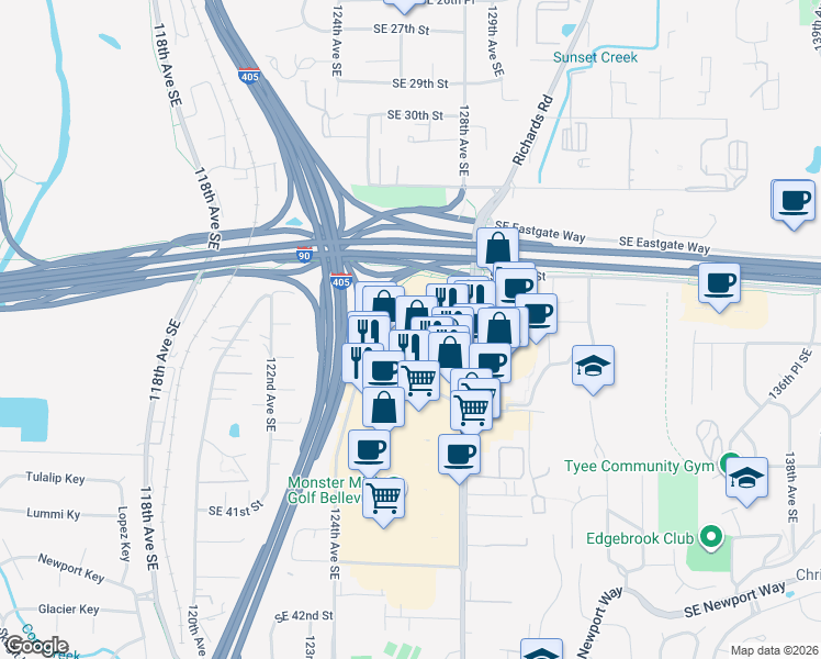 map of restaurants, bars, coffee shops, grocery stores, and more near 3545 Factoria Boulevard Southeast in Bellevue
