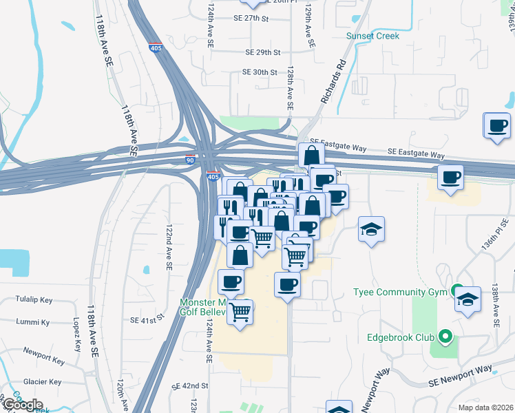 map of restaurants, bars, coffee shops, grocery stores, and more near 3535 Factoria Boulevard Southeast in Bellevue