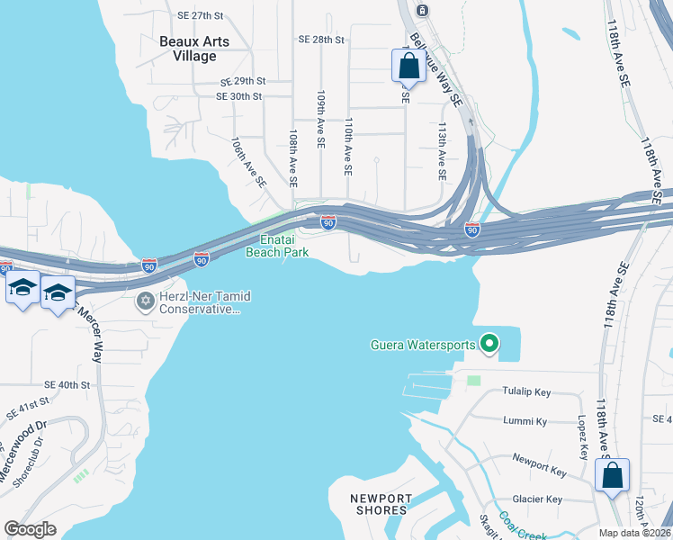 map of restaurants, bars, coffee shops, grocery stores, and more near 10849 Southeast Lake Road in Bellevue