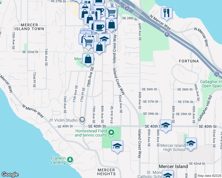 map of restaurants, bars, coffee shops, grocery stores, and more near 3608 81st Avenue Southeast in Mercer Island
