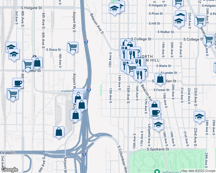 map of restaurants, bars, coffee shops, grocery stores, and more near 1303 South McClellan Street in Seattle