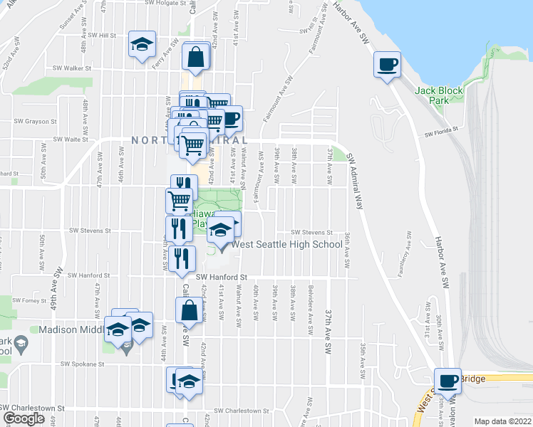 map of restaurants, bars, coffee shops, grocery stores, and more near 2720 Fairmount Avenue Southwest in Seattle
