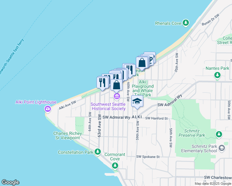 map of restaurants, bars, coffee shops, grocery stores, and more near 2728 61st Avenue Southwest in Seattle