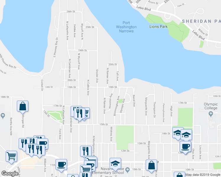 map of restaurants, bars, coffee shops, grocery stores, and more near 1903 North Rainier Avenue in Bremerton