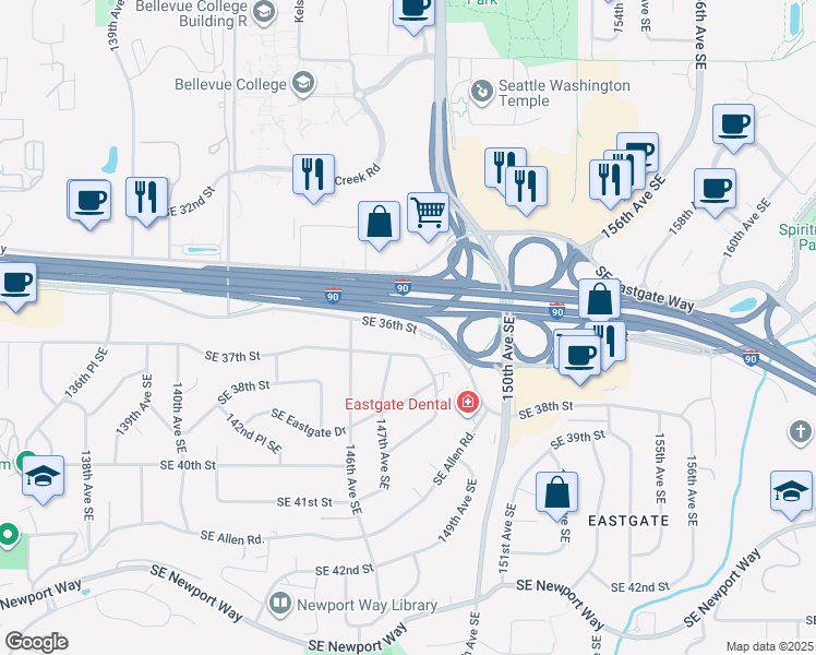 map of restaurants, bars, coffee shops, grocery stores, and more near 14718 Southeast 36th Street in Bellevue