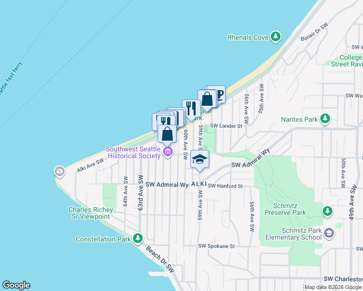 map of restaurants, bars, coffee shops, grocery stores, and more near 2737 60th Avenue Southwest in Seattle