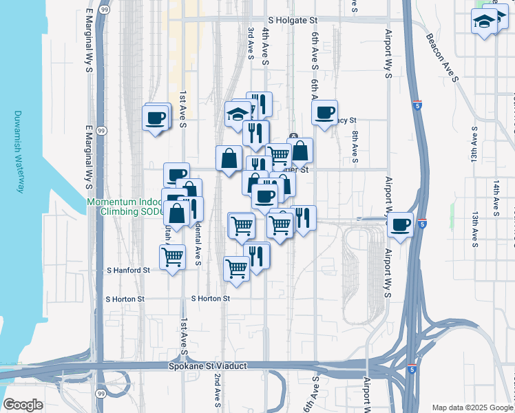 map of restaurants, bars, coffee shops, grocery stores, and more near 2743 4th Avenue South in Seattle