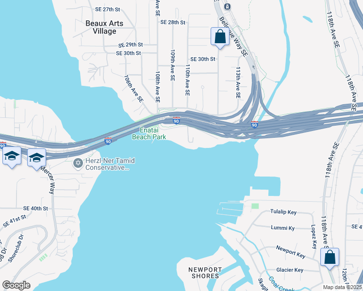 map of restaurants, bars, coffee shops, grocery stores, and more near 10849 Southeast Lake Road in Bellevue