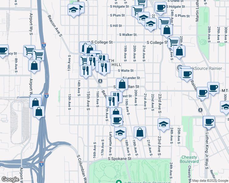 map of restaurants, bars, coffee shops, grocery stores, and more near 1715 South McClellan Street in Seattle