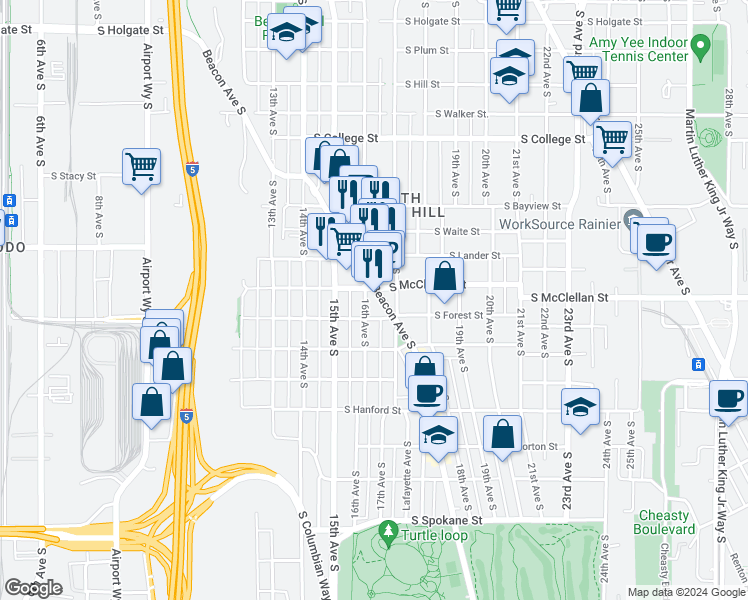 map of restaurants, bars, coffee shops, grocery stores, and more near in Seattle