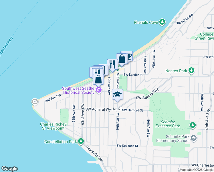 map of restaurants, bars, coffee shops, grocery stores, and more near 2726 60th Avenue Southwest in Seattle