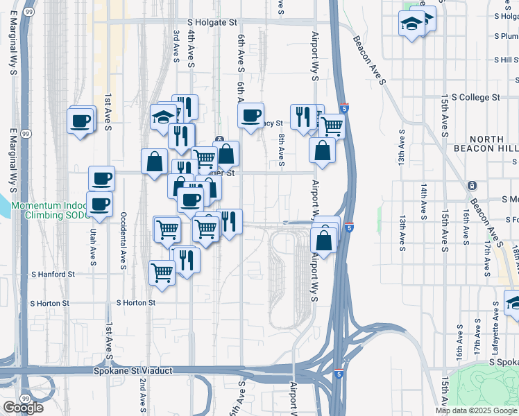 map of restaurants, bars, coffee shops, grocery stores, and more near 2742 6th Place South in Seattle
