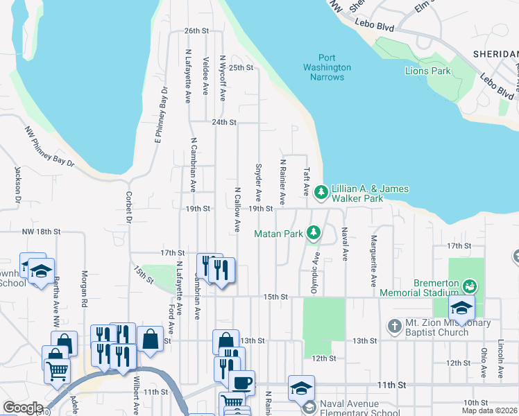map of restaurants, bars, coffee shops, grocery stores, and more near 1900 Snyder Avenue in Bremerton