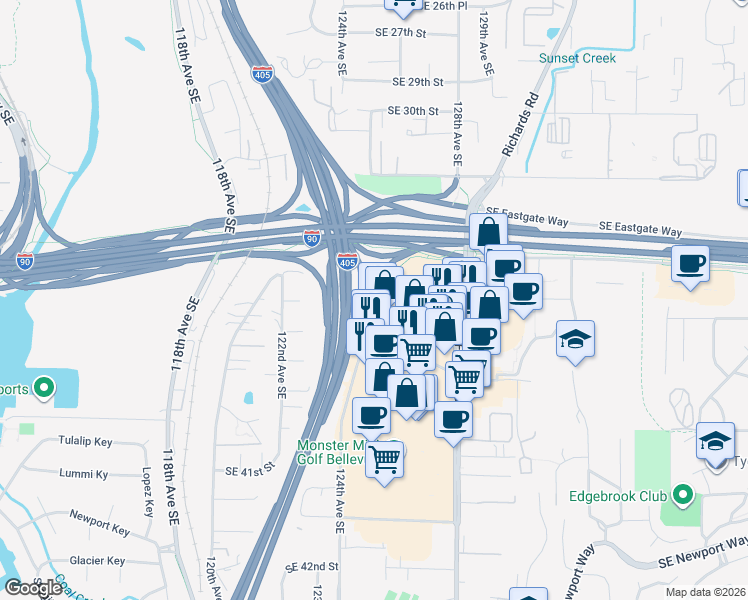 map of restaurants, bars, coffee shops, grocery stores, and more near 12404 124th Avenue Southeast in Bellevue