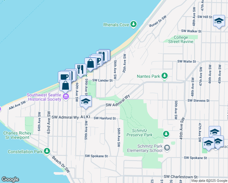 map of restaurants, bars, coffee shops, grocery stores, and more near 5621 Southwest Teig Place in Seattle