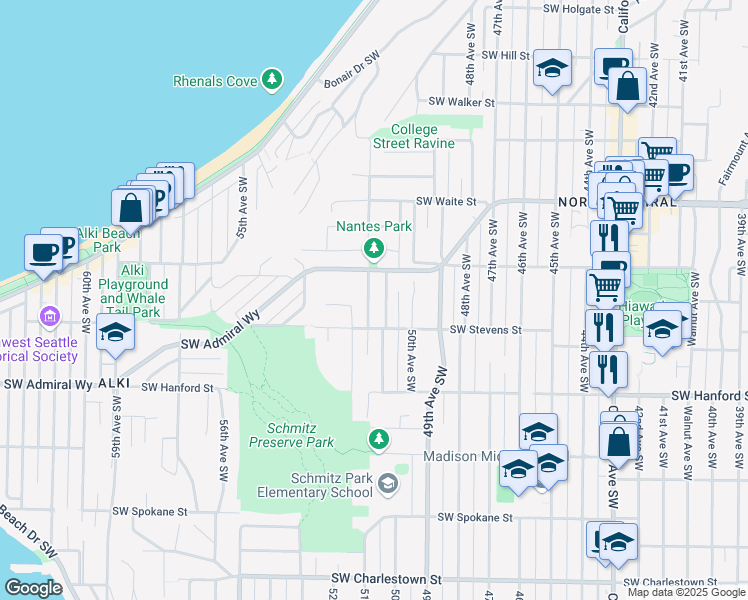 map of restaurants, bars, coffee shops, grocery stores, and more near 2724 51st Avenue Southwest in Seattle