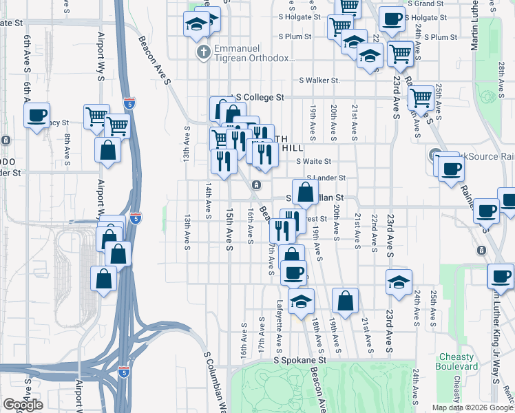 map of restaurants, bars, coffee shops, grocery stores, and more near 2805 Beacon Avenue South in Seattle
