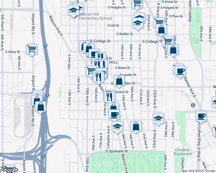 map of restaurants, bars, coffee shops, grocery stores, and more near 1715 South McClellan Street in Seattle