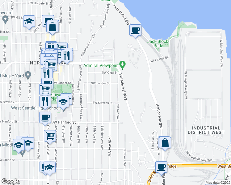 map of restaurants, bars, coffee shops, grocery stores, and more near 2727 36th Avenue Southwest in Seattle