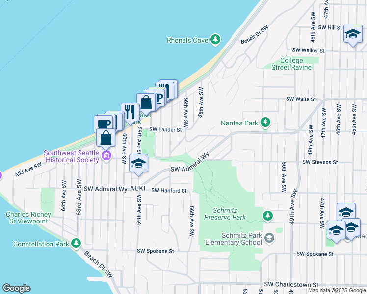 map of restaurants, bars, coffee shops, grocery stores, and more near 5621 Southwest Teig Place in Seattle
