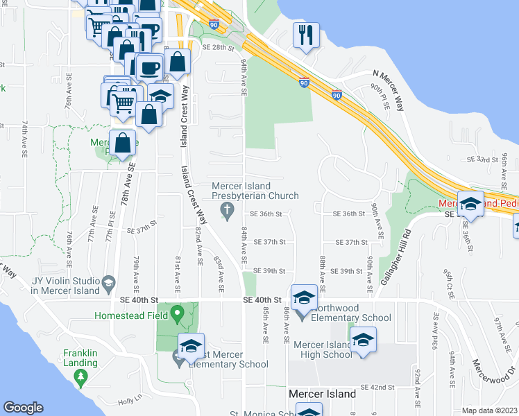 map of restaurants, bars, coffee shops, grocery stores, and more near 8416 Southeast 36th Street in Mercer Island