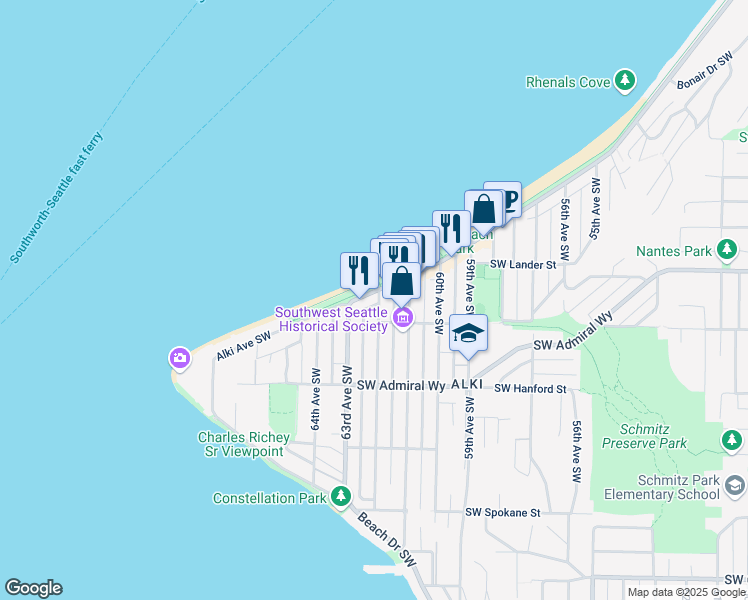 map of restaurants, bars, coffee shops, grocery stores, and more near 2800 Alki Avenue Southwest in Seattle