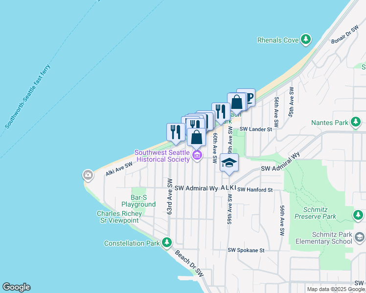 map of restaurants, bars, coffee shops, grocery stores, and more near 2800 Alki Avenue Southwest in Seattle