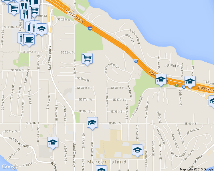 map of restaurants, bars, coffee shops, grocery stores, and more near 3504 88th Avenue Southeast in Mercer Island