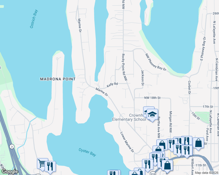 map of restaurants, bars, coffee shops, grocery stores, and more near 4313 Kelly Road in Bremerton