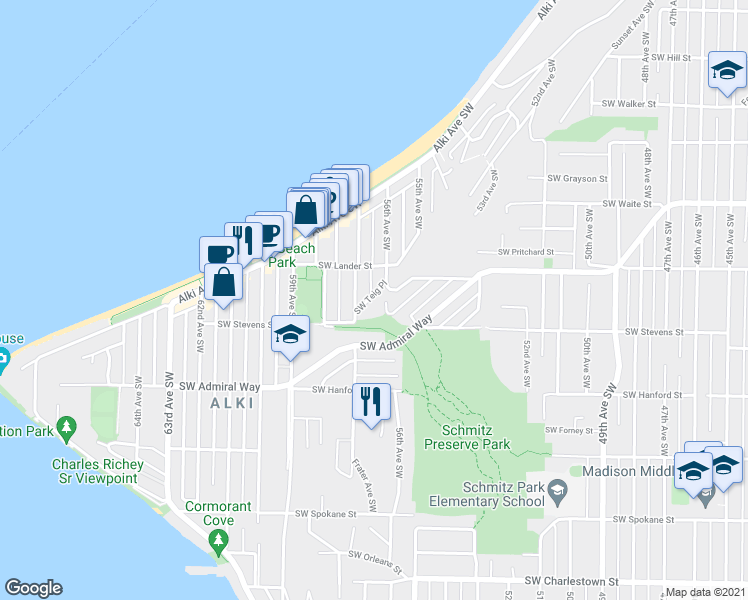 map of restaurants, bars, coffee shops, grocery stores, and more near 5621 Southwest Teig Place in Seattle