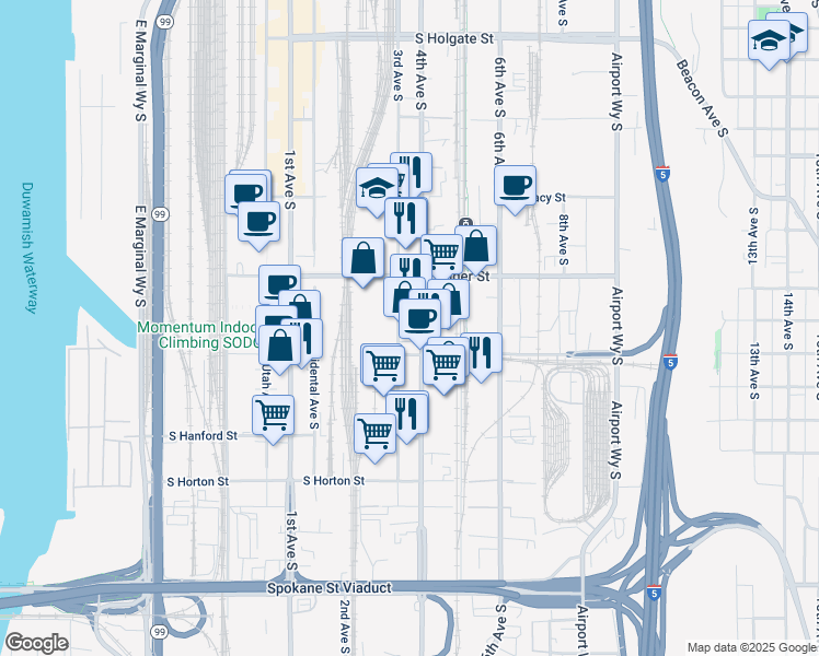 map of restaurants, bars, coffee shops, grocery stores, and more near 2743 4th Avenue South in Seattle