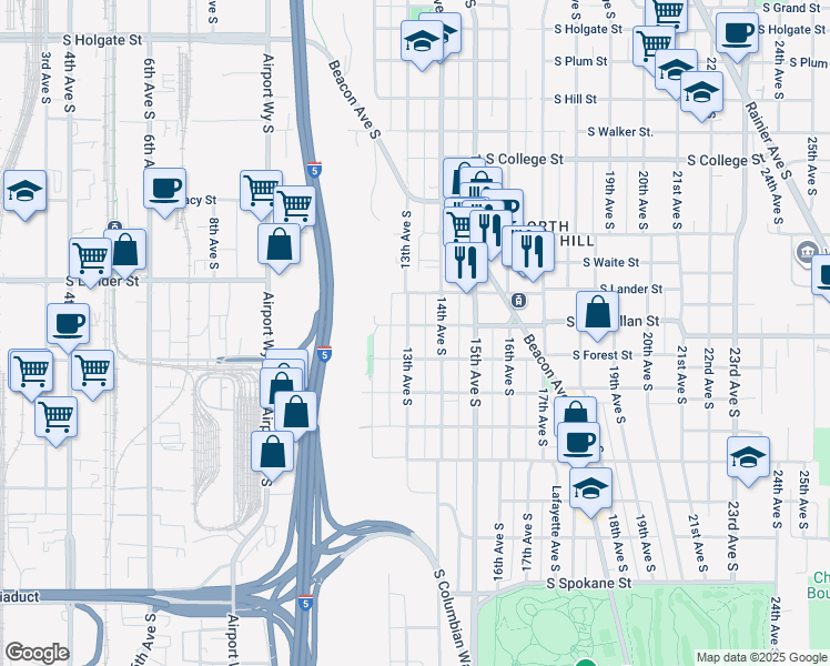 map of restaurants, bars, coffee shops, grocery stores, and more near 1303 South McClellan Street in Seattle