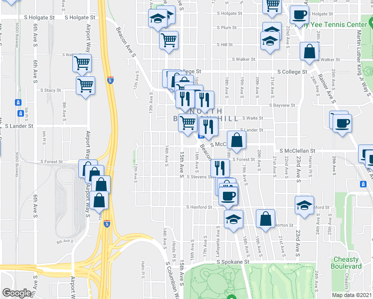 map of restaurants, bars, coffee shops, grocery stores, and more near 2800 15th Avenue South in Seattle