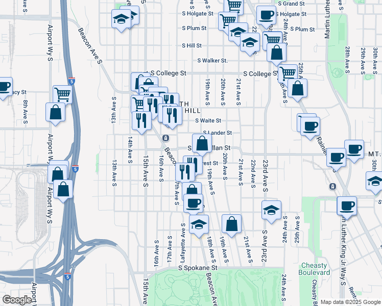 map of restaurants, bars, coffee shops, grocery stores, and more near 2807 18th Avenue South in Seattle