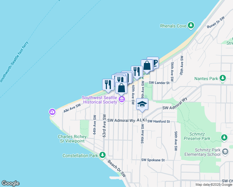 map of restaurants, bars, coffee shops, grocery stores, and more near 2770 62nd Avenue Southwest in Seattle
