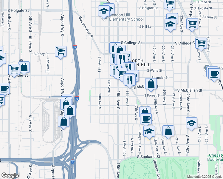map of restaurants, bars, coffee shops, grocery stores, and more near 2802 14th Avenue South in Seattle