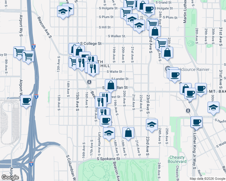 map of restaurants, bars, coffee shops, grocery stores, and more near 2807 19th Avenue South in Seattle
