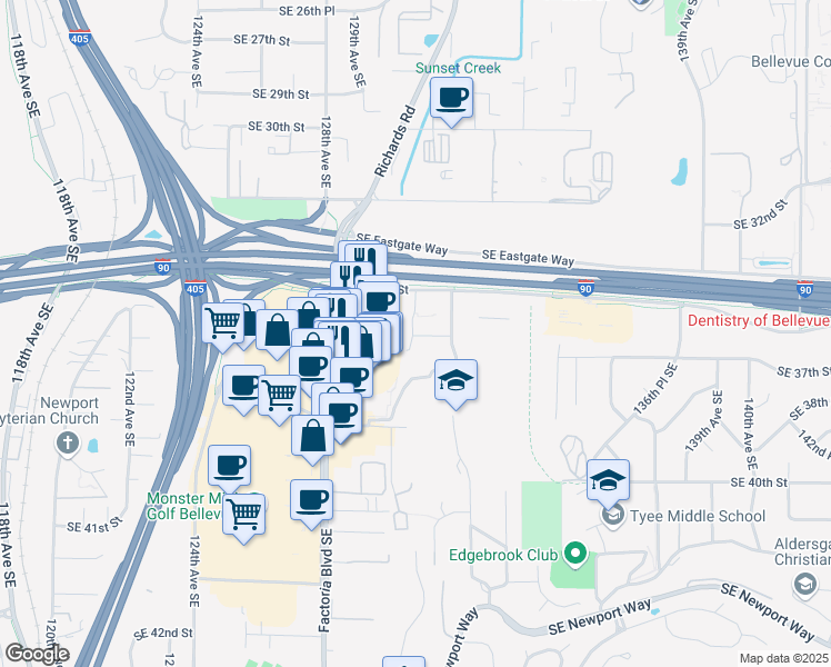 map of restaurants, bars, coffee shops, grocery stores, and more near 3650 131st Avenue Southeast in Bellevue