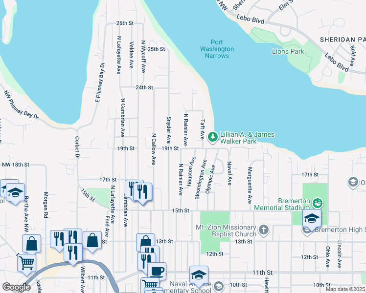 map of restaurants, bars, coffee shops, grocery stores, and more near 1903 N Rainier Ave in Bremerton