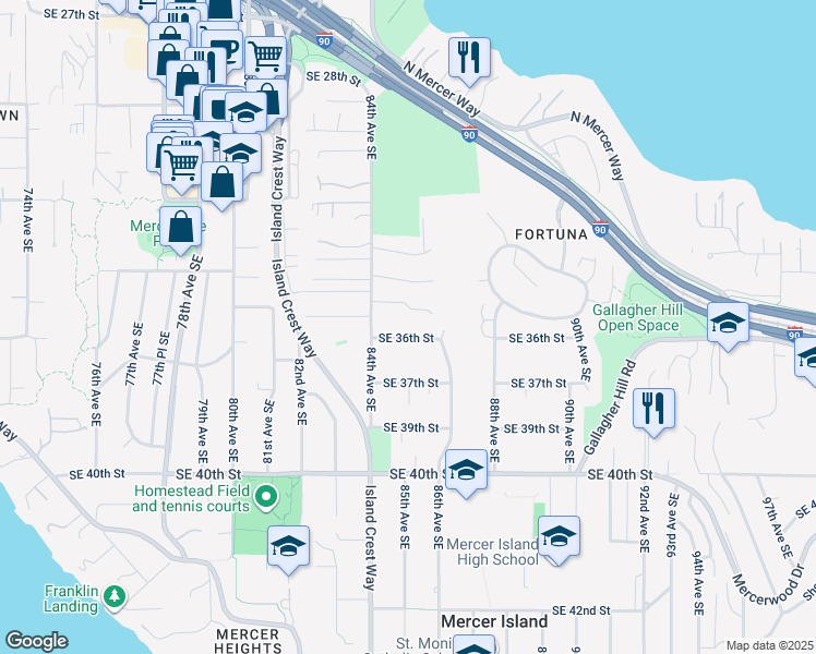 map of restaurants, bars, coffee shops, grocery stores, and more near 8416 Southeast 36th Street in Mercer Island