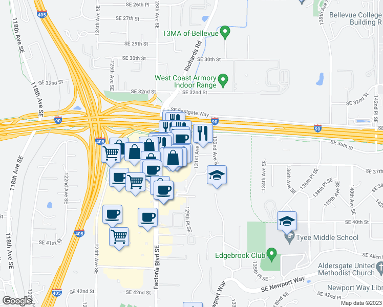 map of restaurants, bars, coffee shops, grocery stores, and more near 3617 131st Avenue Southeast in Bellevue