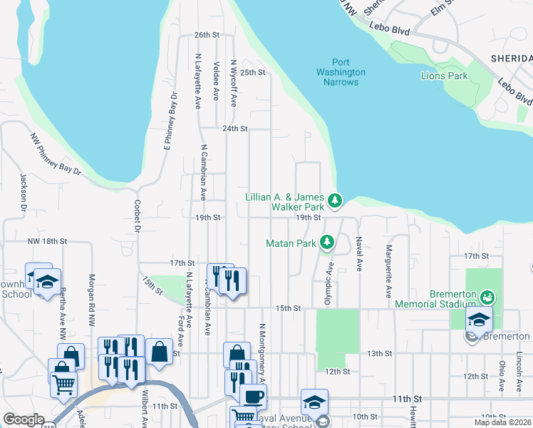 map of restaurants, bars, coffee shops, grocery stores, and more near 1901 Snyder Avenue in Bremerton