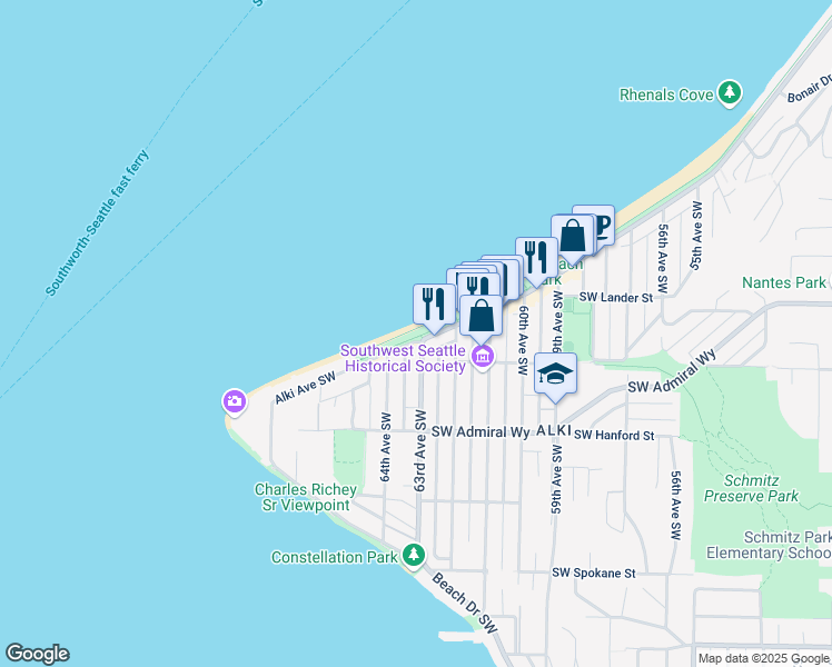 map of restaurants, bars, coffee shops, grocery stores, and more near 3099 63rd Avenue Southwest in Seattle