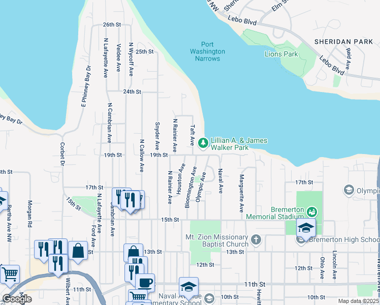 map of restaurants, bars, coffee shops, grocery stores, and more near 1905 Taft Avenue in Bremerton