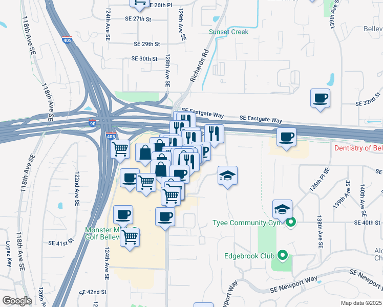 map of restaurants, bars, coffee shops, grocery stores, and more near 3550 128th Avenue Southeast in Bellevue