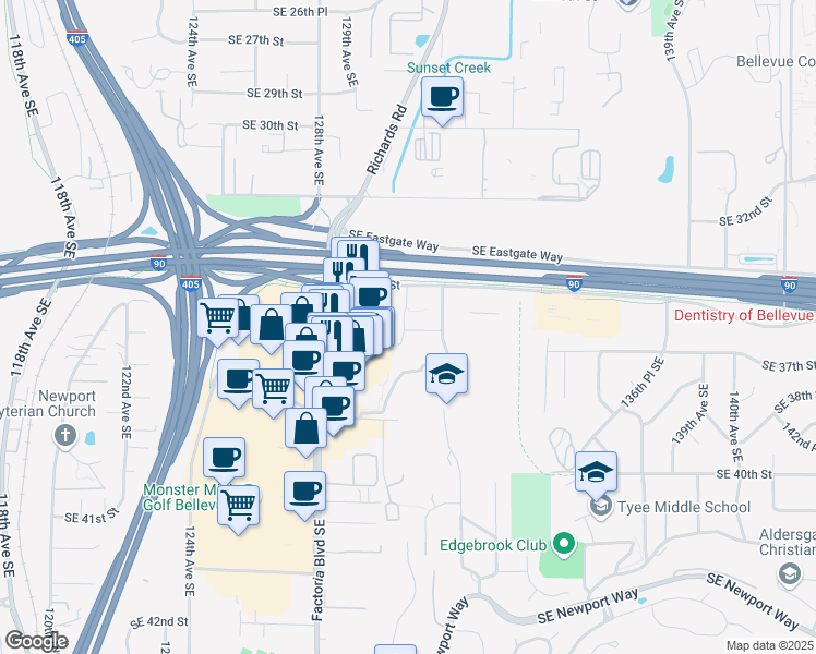 map of restaurants, bars, coffee shops, grocery stores, and more near 3600-3648 131st Avenue Southeast in Bellevue