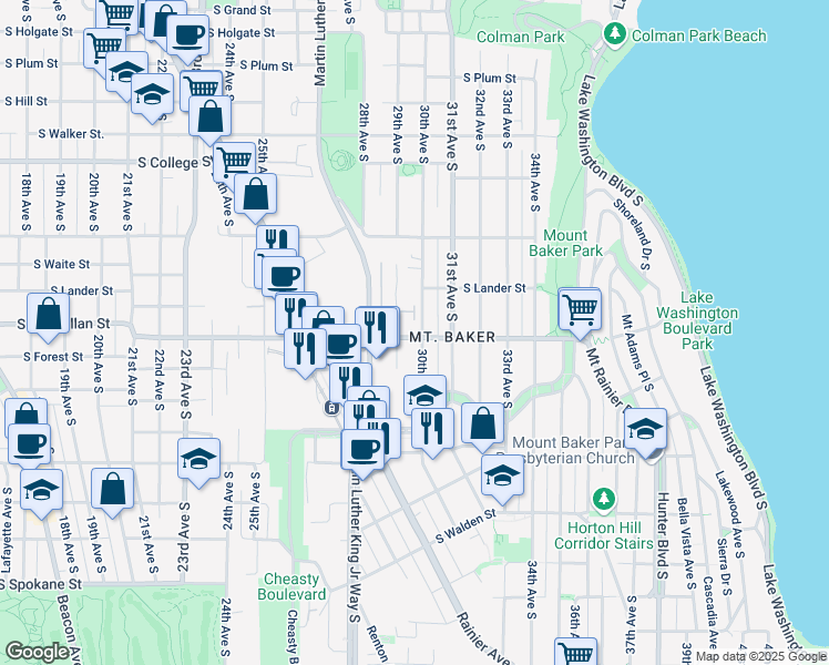 map of restaurants, bars, coffee shops, grocery stores, and more near 2900 South McClellan Street in Seattle