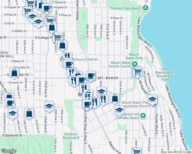 map of restaurants, bars, coffee shops, grocery stores, and more near 2900 South McClellan Street in Seattle