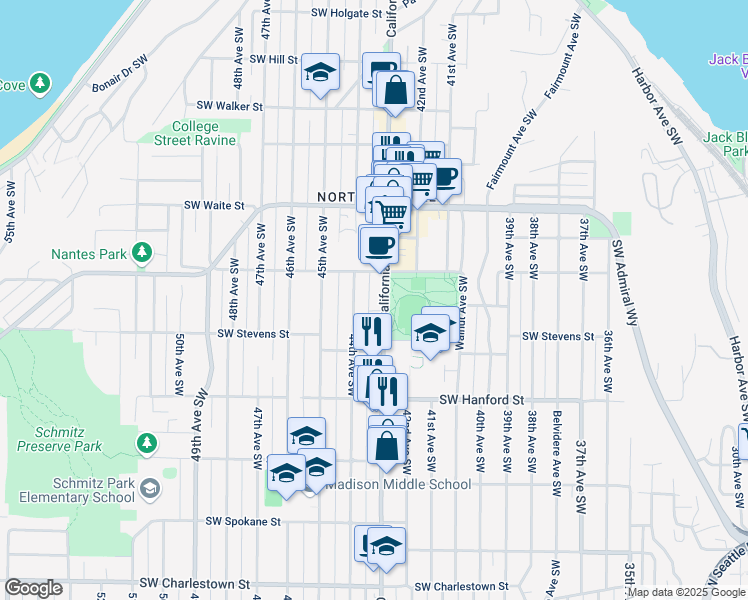 map of restaurants, bars, coffee shops, grocery stores, and more near 2725 California Avenue Southwest in Seattle